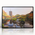 Large abstract wall art featuring a stylized Kyoto scenery in muted earth tones, framed in black acrylic.