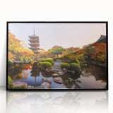 Large abstract wall art featuring a stylized Kyoto scenery in muted earth tones, framed in black acrylic.