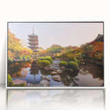 Acrylic print of a serene Kyoto landscape in subtle green and white tones, framed in white.