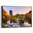 Black and white framed canvas of a Kyoto landscape in vintage poster style, ideal for bedroom wall art.