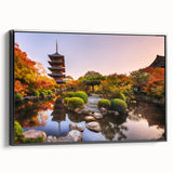 Black and white framed canvas of a Kyoto landscape in vintage poster style, ideal for bedroom wall art.