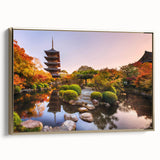Framed canvas depicting a vintage-style Japanese landscape in black and gold tones, ideal for bedroom wall art.
