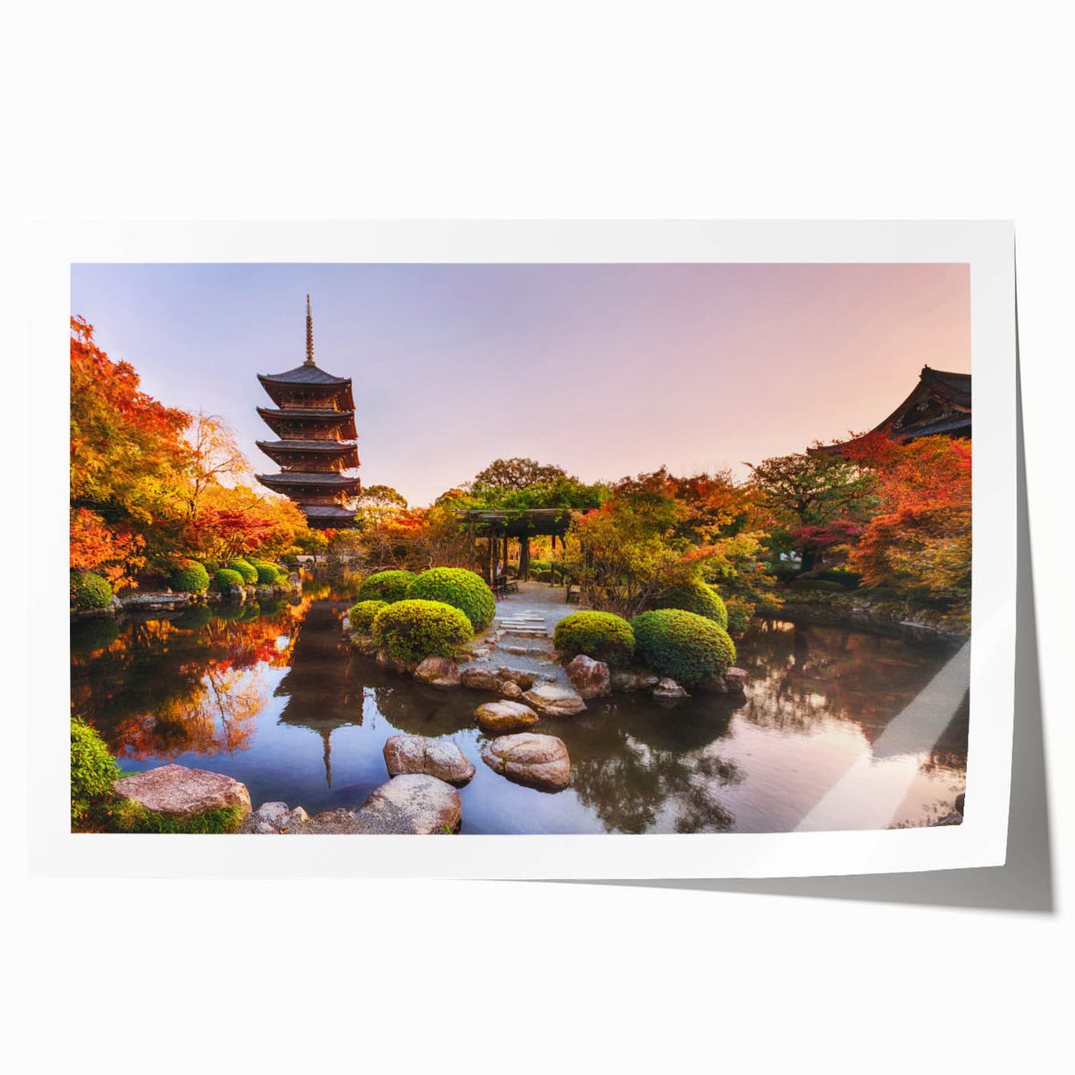 Kyoto-inspired landscape on a rolled print, featuring cherry blossoms in soft pink and white tones.