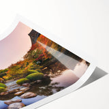 Extra large wall art featuring line art flowers and a scenic Kyoto landscape in muted earth tones on rolled canvas.