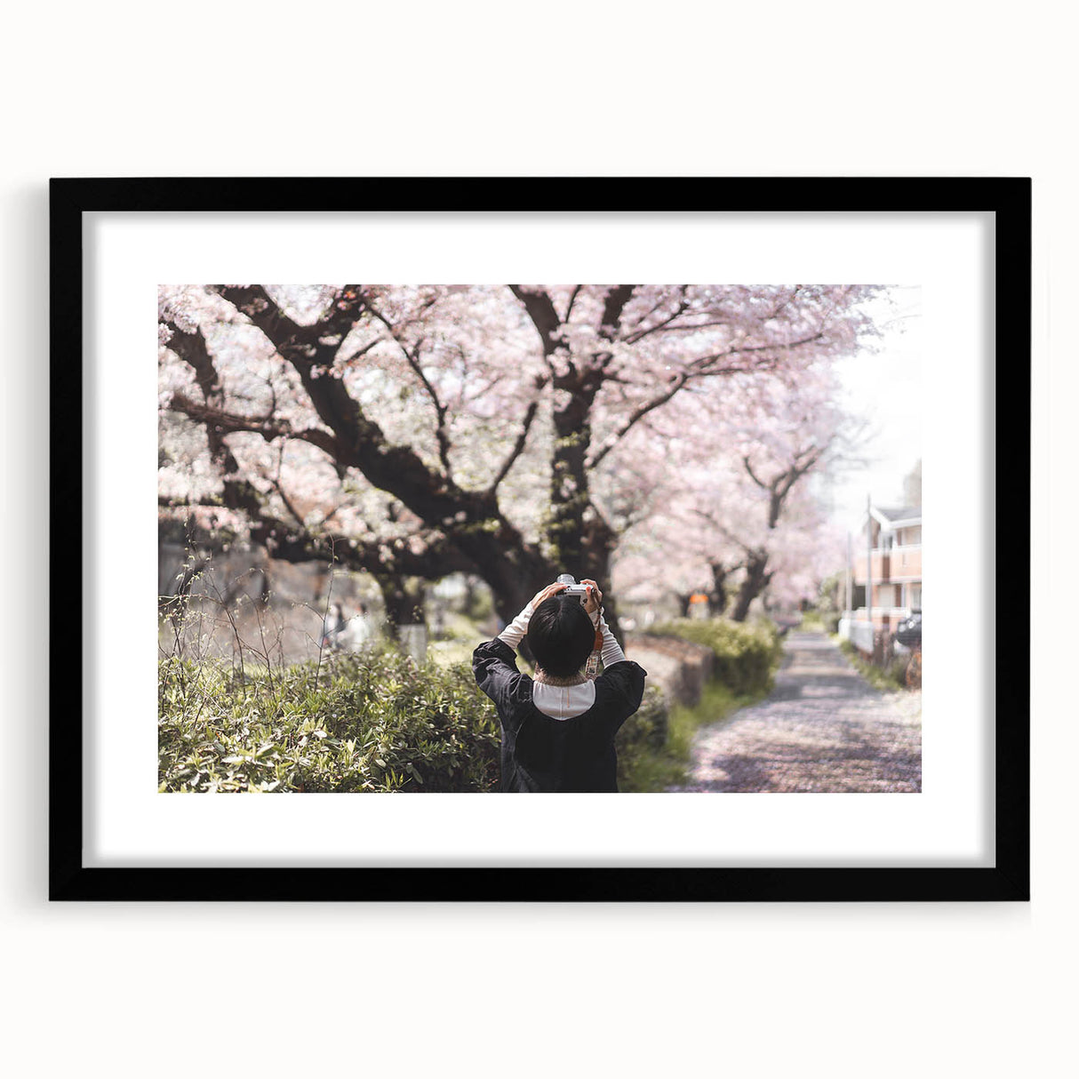 Extra large abstract art print of colorful, textured Japanese scenery on a black framed canvas, ideal for living room decor.