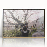 Large art print of a serene Japanese landscape in gold and black tones, framed acrylic, suitable for nursery wall decor.
