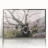 Mid-century modernist art depicting a tranquil Japanese landscape in muted earth tones, framed acrylic.