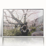 Art deco poster of a Japanese landscape in muted colors on framed acrylic, ideal for modern nursery wall art.