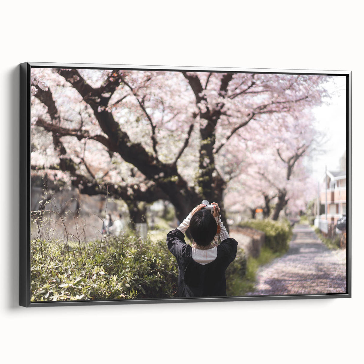 Black and white framed canvas featuring a vintage Japanese landscape, ideal for bedroom wall decor.