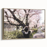 Framed canvas depicting a vintage Japanese landscape in muted gold and black, ideal for bedroom wall decor.