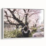 Vintage poster art of a Japanese landscape on framed canvas, featuring colorful art in extra large size.