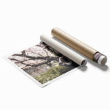 Extra large rolled print of Japanese scenery with delicate floral elements in soft colors.
