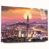 Large abstract wall art depicting a serene Korean landscape in muted earth tones on acrylic glass.