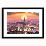 Extra large abstract art print depicting vibrant, colorful Korean scenery on a textured canvas, framed in black.