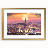 Extra large abstract art print of Asian scenery in textured style, framed in gold, ideal for living room decor.