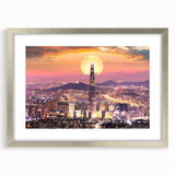 Textured abstract art print of a serene Korean landscape in muted earth tones, framed with a silver mat.