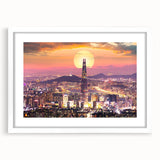 Abstract art print featuring a serene Korean landscape in muted green and blue tones, framed with a white mat.