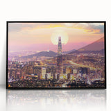 Large abstract wall art featuring a mid-century modernist Korean landscape in muted earth tones, framed in black acrylic.