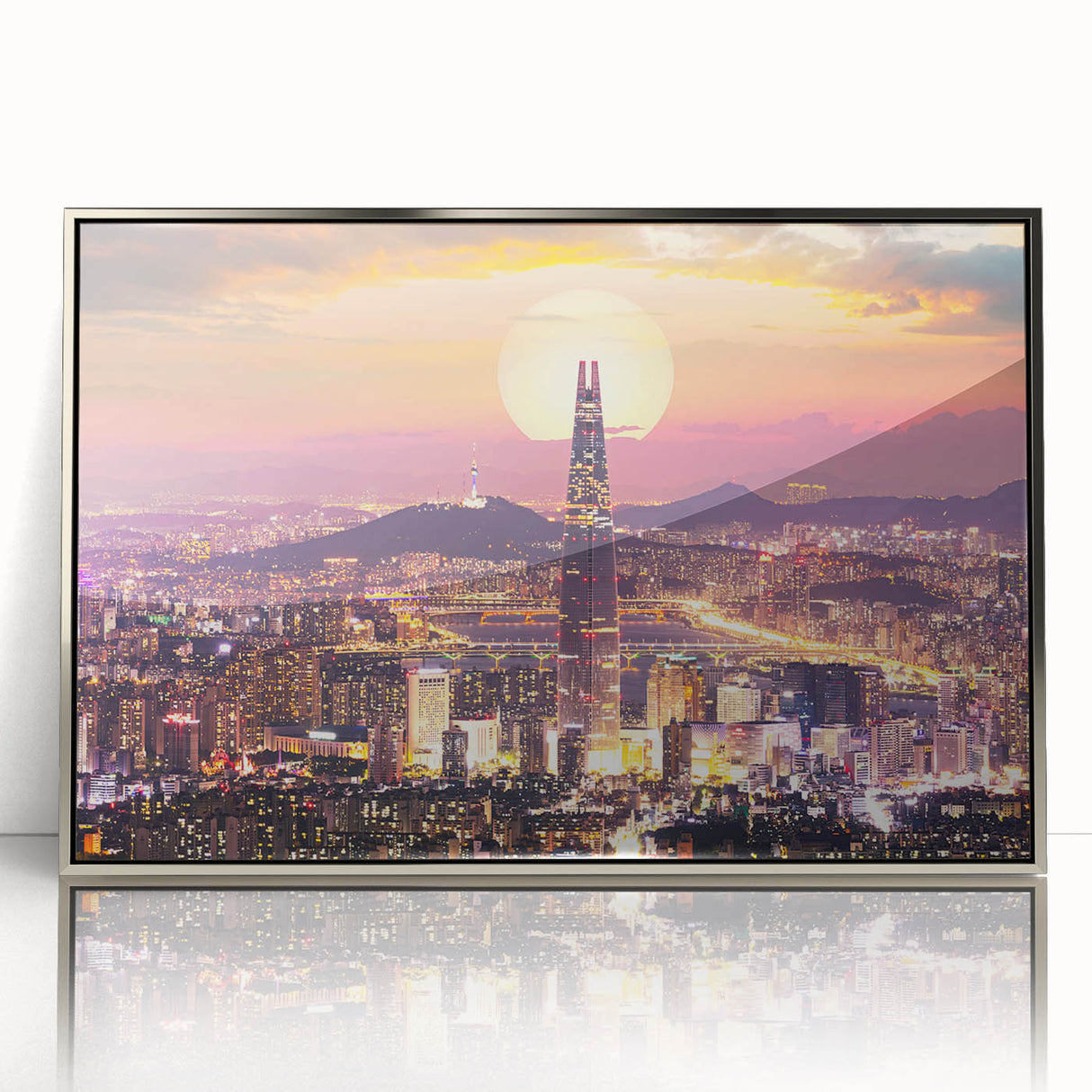 Mid-century modernist art depicting a serene Korean landscape in muted earth tones on a framed acrylic panel.