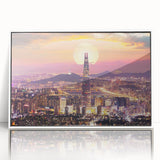 Art deco poster featuring a serene Korean landscape in muted green and blue tones, framed acrylic.