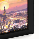 Black wall art featuring a textured, colorful Korean landscape on a framed canvas, ideal for living room decor.