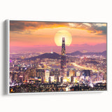 Vintage poster art of a Korean landscape in vibrant colors on a large framed canvas, perfect for living room decor.