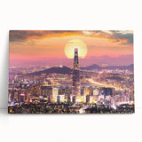 Black and white panoramic view of an Asian cityscape on stretched canvas, suitable as kitchen wall art or bedroom decor.