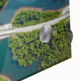 Large abstract wall art depicting a Laotian landscape in muted earth tones on acrylic glass, ideal for dining room art.