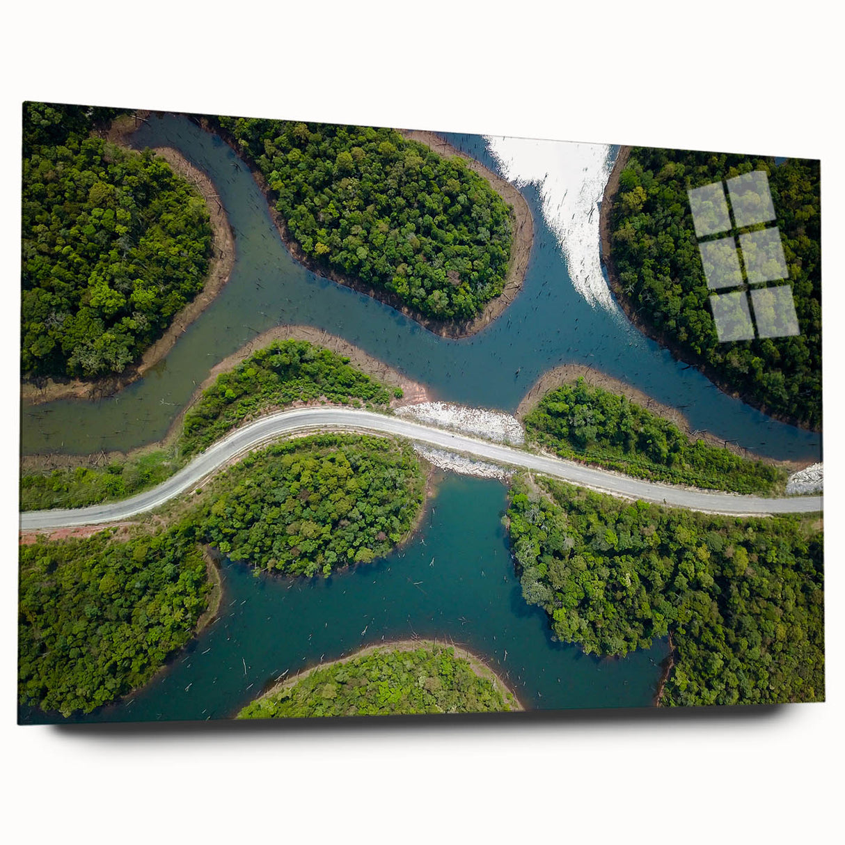 Large abstract wall art on acrylic glass depicting serene Laos scenery in cool blue tones.