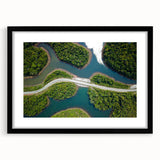 Extra large abstract art print of a colorful, textured scenery in Laos, framed in black with a mat.