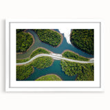 Abstract art print of Laos scenery in muted earth tones on a white framed mat, suitable for dining room decor.