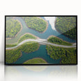 Large abstract wall art depicting a Laos scenery in muted earth tones, framed in black acrylic.