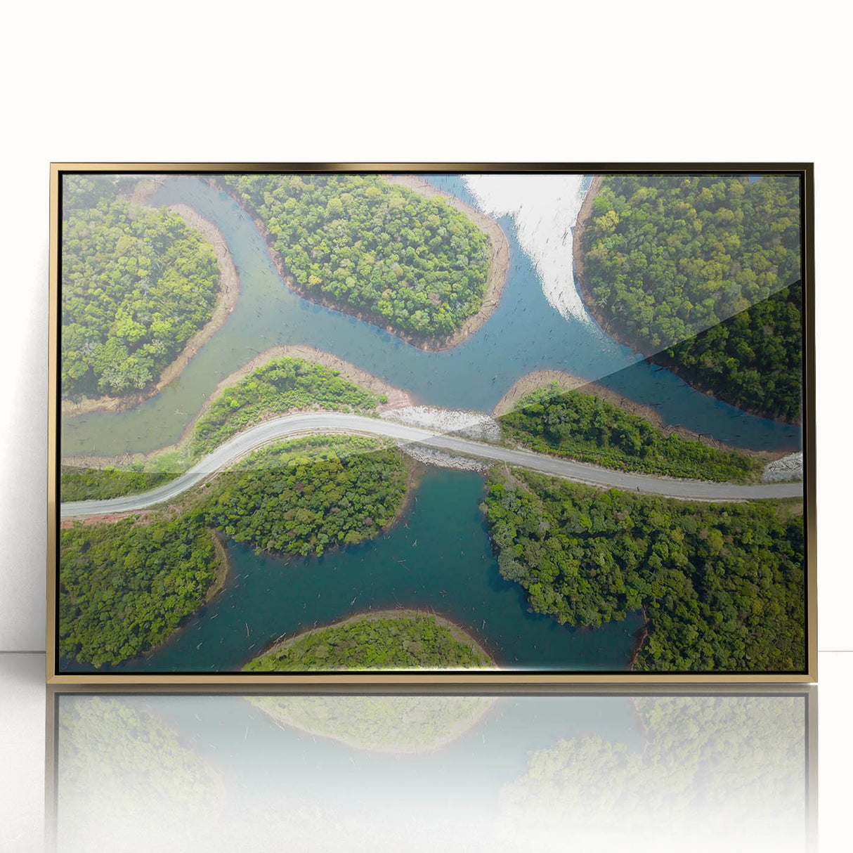 Large art print of a Laotian landscape in muted gold tones on a framed acrylic, ideal for modern art wall decor.