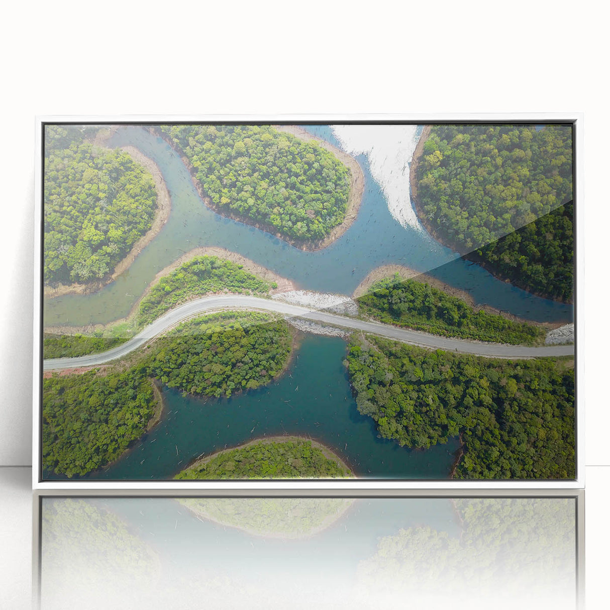 Art deco poster of a Laos scenery in muted pastel hues, framed acrylic, suitable for modern nursery decor.