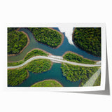 Extra large rolled print of a Laos scenery in muted green and blue tones, ideal for art wall dining room placement.