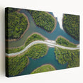 Serene Laotian landscape on large stretched canvas, featuring gentle river and lush hills, in soft green and blue tones.