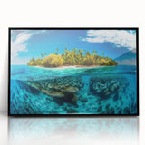 Large abstract wall art depicting a Malaysian landscape in vibrant green and blue tones, framed in black acrylic.