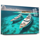 Acrylic glass print of a serene Maldivian landscape in soft blue and green tones, suitable for bedroom or dining room decor.