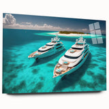 Large abstract wall art of Maldives scenery in muted blue and green tones on acrylic glass.