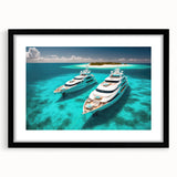 Extra large, colorful abstract art print of Maldives scenery on a black framed canvas, ideal for living room decor.