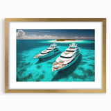 Extra large wall art featuring abstract art print of Maldives scenery in textured style, with gold frame.