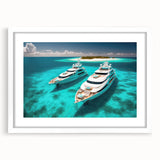 Abstract art print of a serene Maldivian landscape in soft blue and white tones, framed with a white mat.