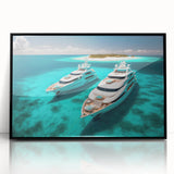 Large abstract wall art depicting a serene Maldivian landscape in muted blue and green tones on a framed acrylic panel.