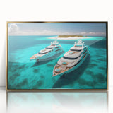 Large art print of a serene Maldivian beach on framed acrylic, featuring soft blue and sandy hues.