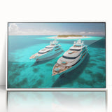 Acrylic print of a serene Maldives beach scene in soft blue and white tones, framed in white.