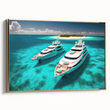 Framed canvas featuring a serene Maldives landscape in muted blue and green tones, ideal for bedroom wall art.