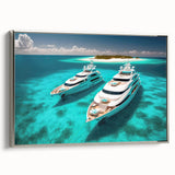 Framed canvas landscape art painting depicting a serene Maldives scenery with vibrant blue and green hues.