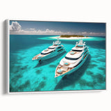 Vintage poster art of Maldives scenery on extra large framed canvas, featuring vibrant blue and green hues.