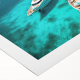 Art deco poster of a serene Maldivian beach scene in soft blues and whites on rolled canvas.