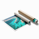 Extra large rolled print of a serene Maldives beach scene with vivid blue and white tones.